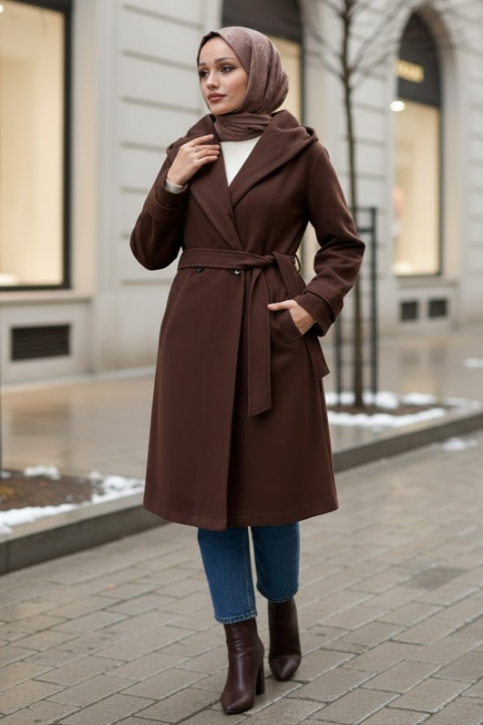 Kapüşonlu Kaşe Kaban 0027 - KAHVERENGİ