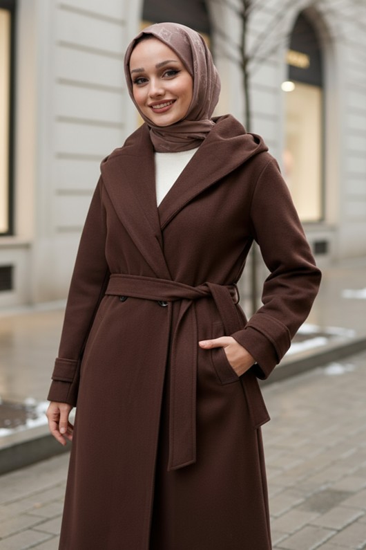 Kapüşonlu Kaşe Kaban 0027 - KAHVERENGİ