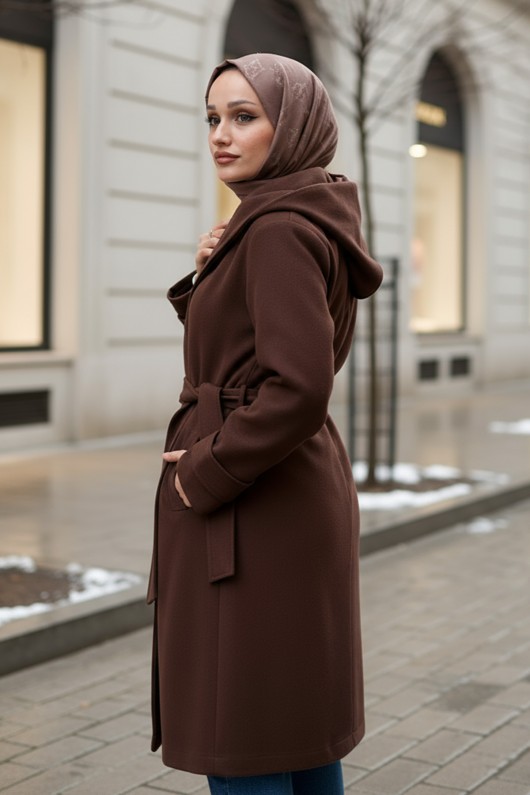 Kapüşonlu Kaşe Kaban 0027 - KAHVERENGİ