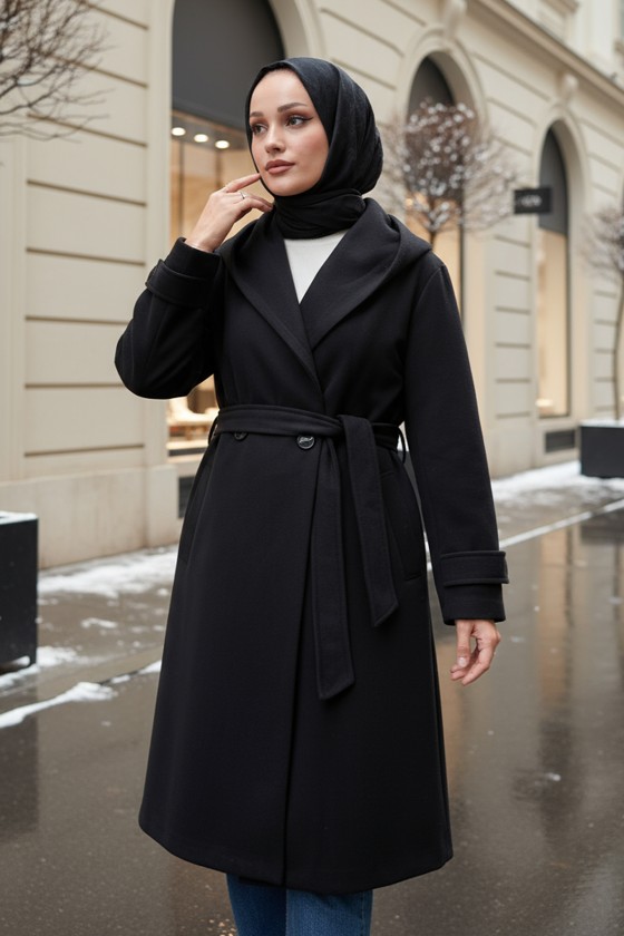 Kapüşonlu Kaşe Kaban 0027 - SİYAH