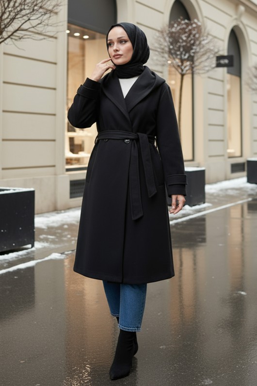 Kapüşonlu Kaşe Kaban 0027 - SİYAH Kapüşonlu Kaşe Kaban 0027 - SİYAH