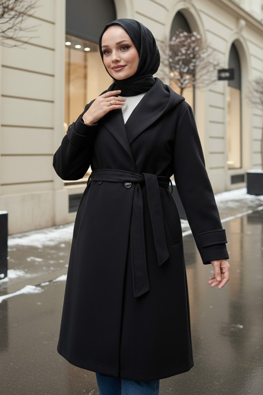 Kapüşonlu Kaşe Kaban 0027 - SİYAH Kapüşonlu Kaşe Kaban 0027 - SİYAH