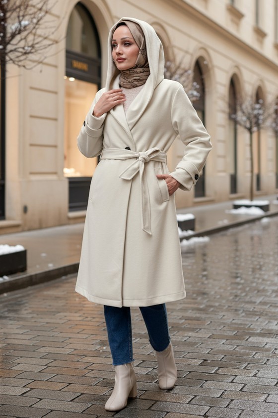 Kapüşonlu Kaşe Kaban 0027 - TAŞ RENGİ