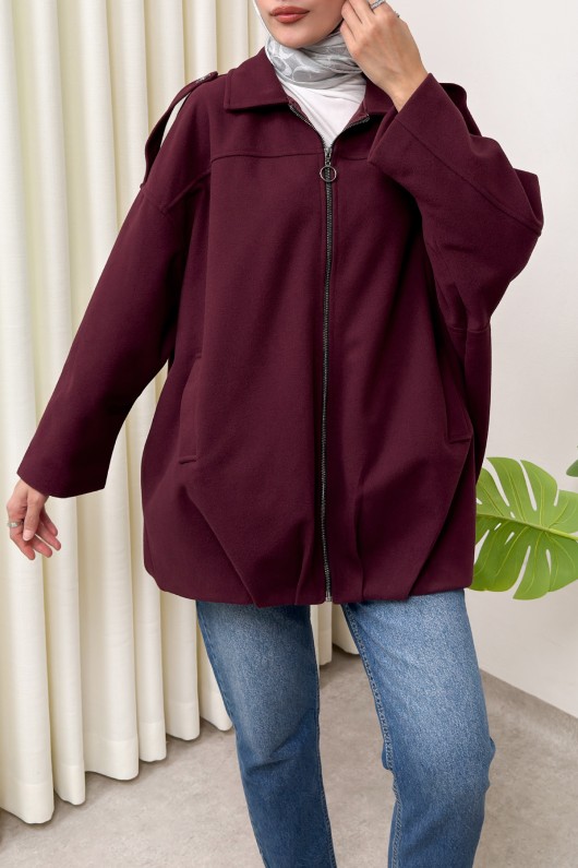 Fermuarlı Oversize Kaşe Kaban 0037 - BORDO