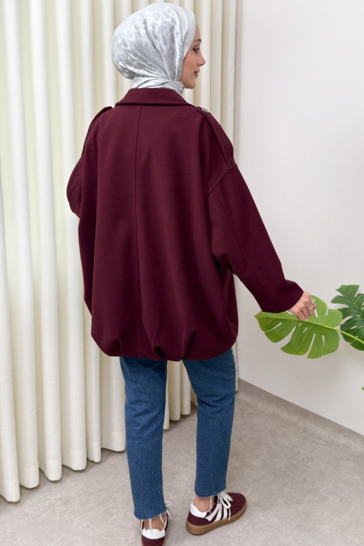 Fermuarlı Oversize Kaşe Kaban 0037 - BORDO