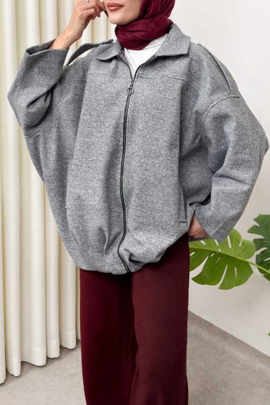 Fermuarlı Oversize Kaşe Kaban 0037 - GRİ Fermuarlı Oversize Kaşe Kaban 0037 - GRİ