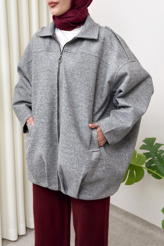 Fermuarlı Oversize Kaşe Kaban 0037 - GRİ Fermuarlı Oversize Kaşe Kaban 0037 - GRİ