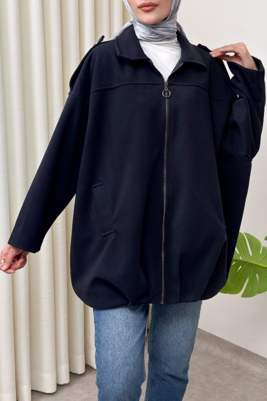 Fermuarlı Oversize Kaşe Kaban 0037 - LACİVERT Fermuarlı Oversize Kaşe Kaban 0037 - LACİVERT