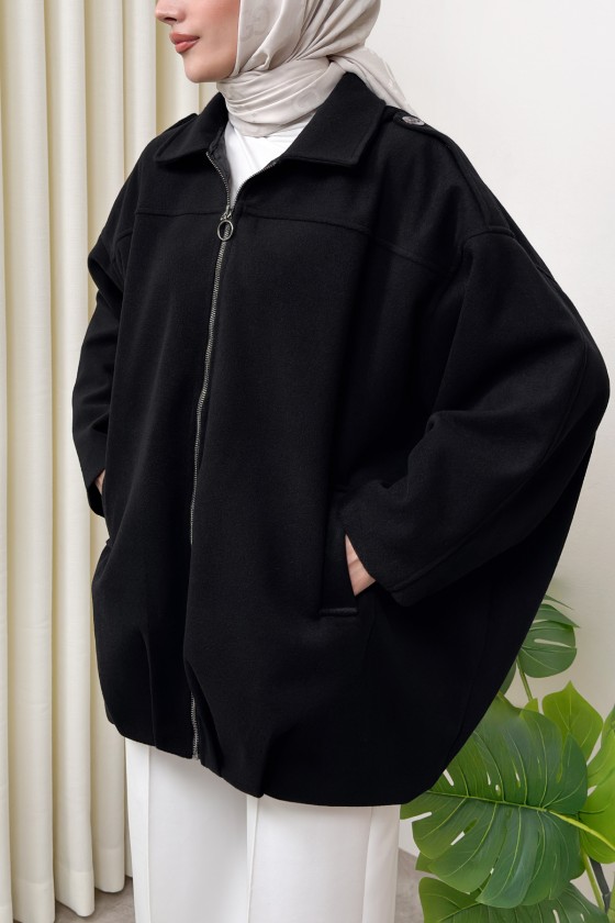 Fermuarlı Oversize Kaşe Kaban 0037 - SİYAH
