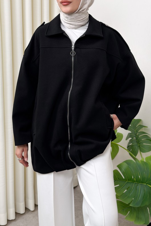 Fermuarlı Oversize Kaşe Kaban 0037 - SİYAH