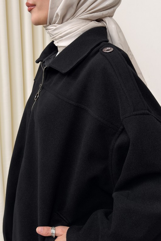 Fermuarlı Oversize Kaşe Kaban 0037 - SİYAH