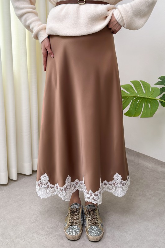 Dantel Detaylı Saten Etek 0038 - CAMEL Dantel Detaylı Saten Etek 0038 - CAMEL