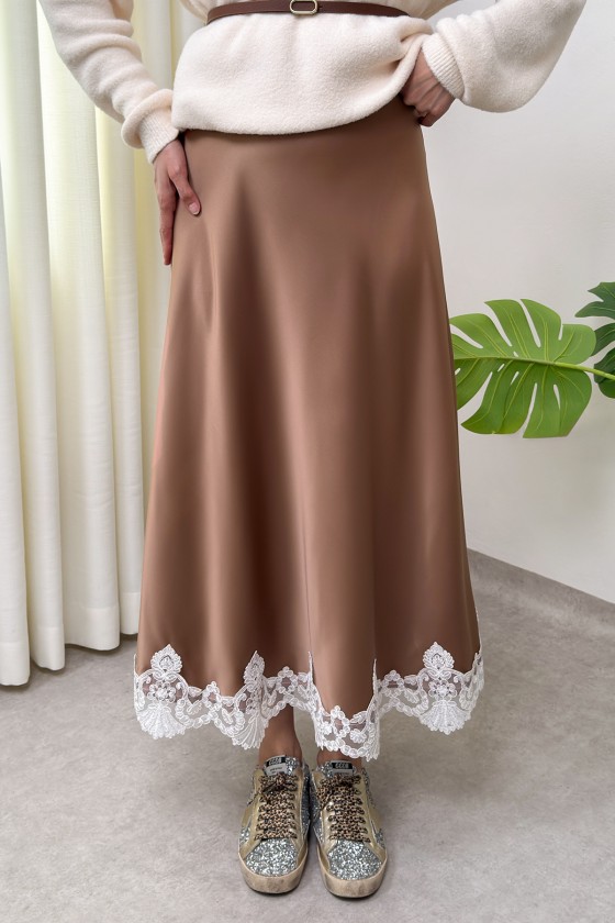 Dantel Detaylı Saten Etek 0038 - CAMEL