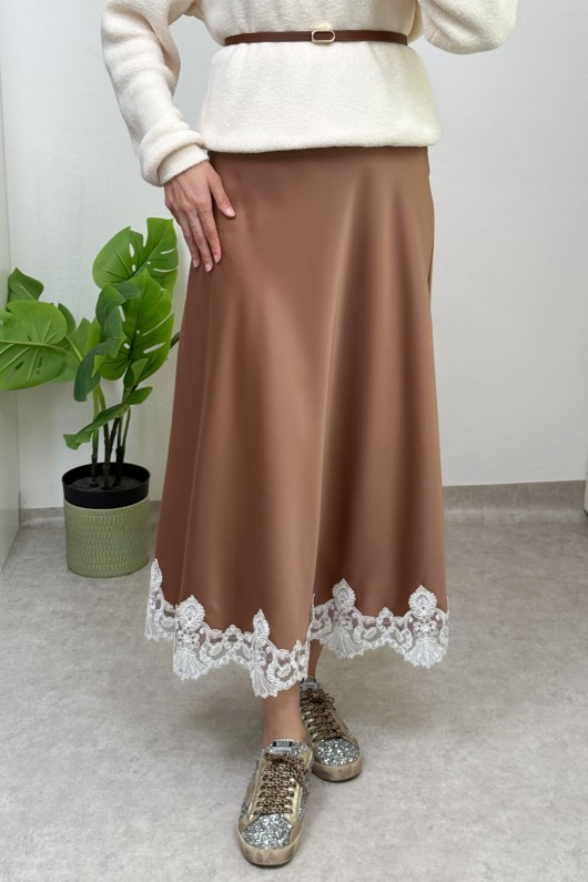 Dantel Detaylı Saten Etek 0038 - CAMEL Dantel Detaylı Saten Etek 0038 - CAMEL