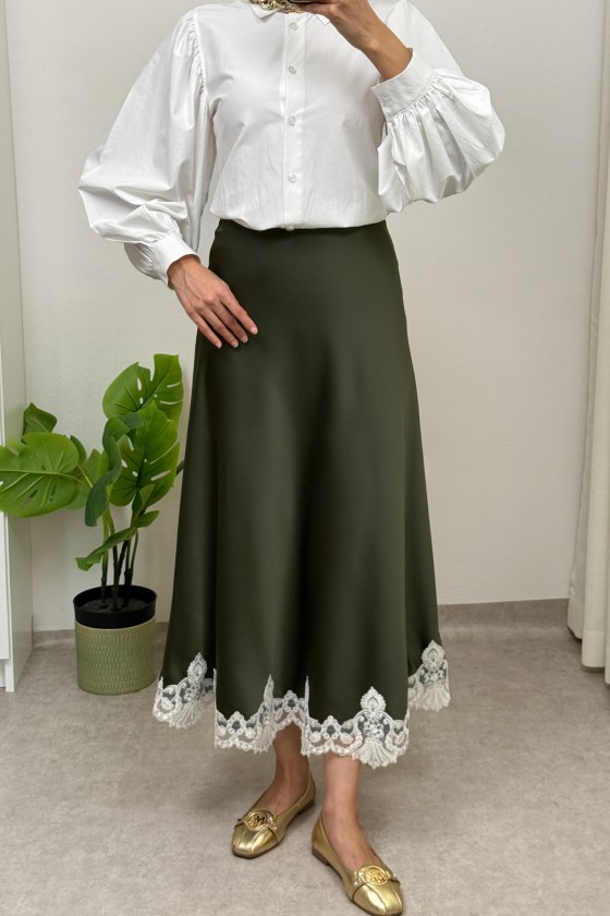 Dantel Detaylı Saten Etek 0038 - HAKİ