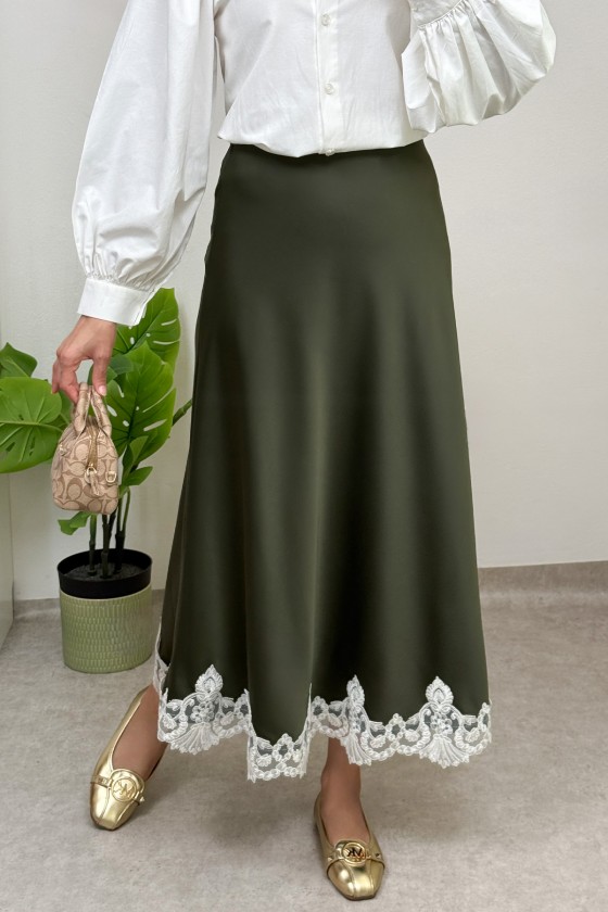 Dantel Detaylı Saten Etek 0038 - HAKİ