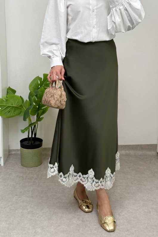 Dantel Detaylı Saten Etek 0038 - HAKİ Dantel Detaylı Saten Etek 0038 - HAKİ