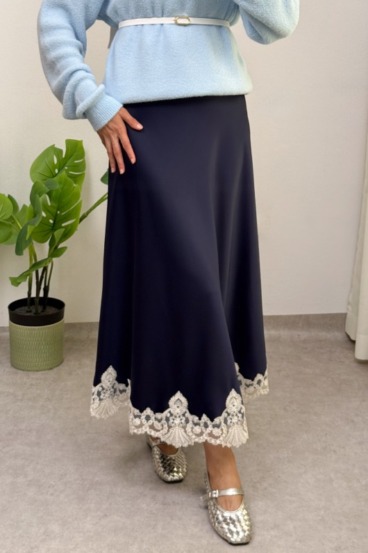 Dantel Detaylı Saten Etek 0038 - LACİVERT Dantel Detaylı Saten Etek 0038 - LACİVERT