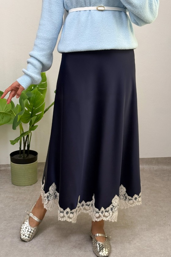 Dantel Detaylı Saten Etek 0038 - LACİVERT