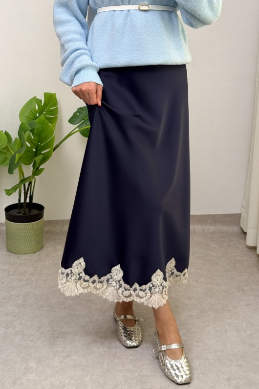 Dantel Detaylı Saten Etek 0038 - LACİVERT Dantel Detaylı Saten Etek 0038 - LACİVERT