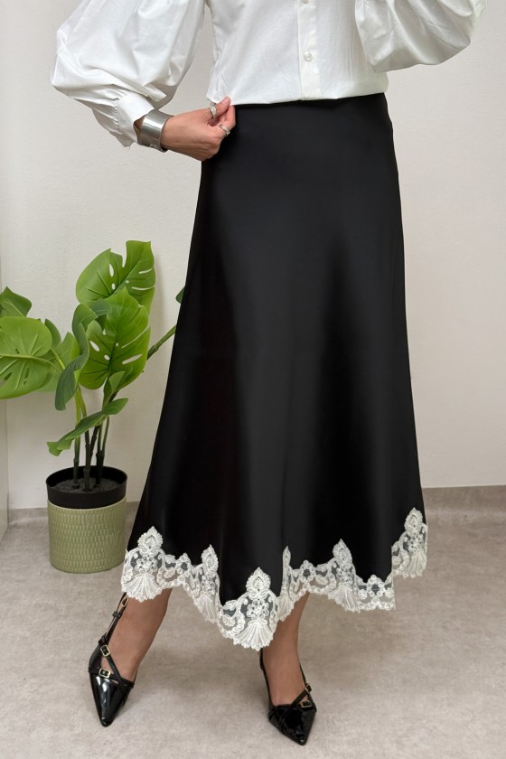 Dantel Detaylı Saten Etek 0038 - SİYAH