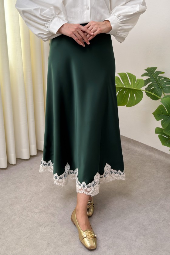 Dantel Detaylı Saten Etek 0038 - ZÜMRÜT YEŞİLİ
