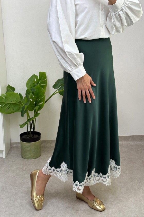 Dantel Detaylı Saten Etek 0038 - ZÜMRÜT YEŞİLİ