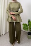 Kemerli Peplum Bluz 0040 - AÇIK HAKİ