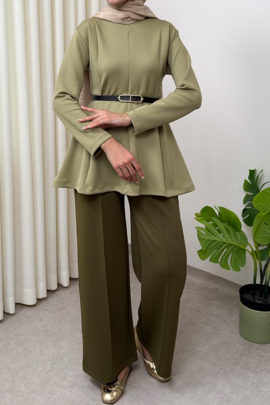 Kemerli Peplum Bluz 0040 - AÇIK HAKİ