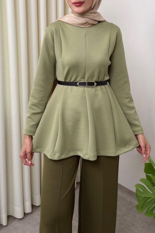 Kemerli Peplum Bluz 0040 - AÇIK HAKİ