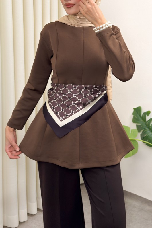 Kemerli Peplum Bluz 0040 - AÇIK KAHVE