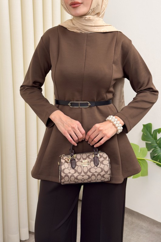 Kemerli Peplum Bluz 0040 - AÇIK KAHVE
