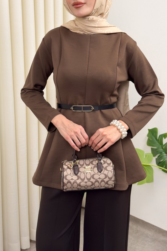 Kemerli Peplum Bluz 0040 - AÇIK KAHVE