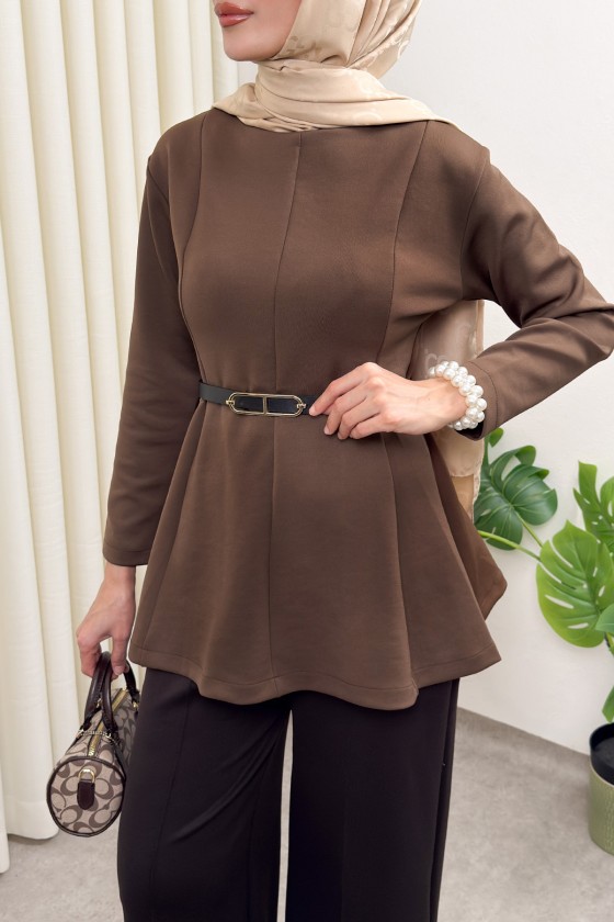Kemerli Peplum Bluz 0040 - AÇIK KAHVE