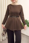 Kemerli Peplum Bluz 0040 - AÇIK KAHVE