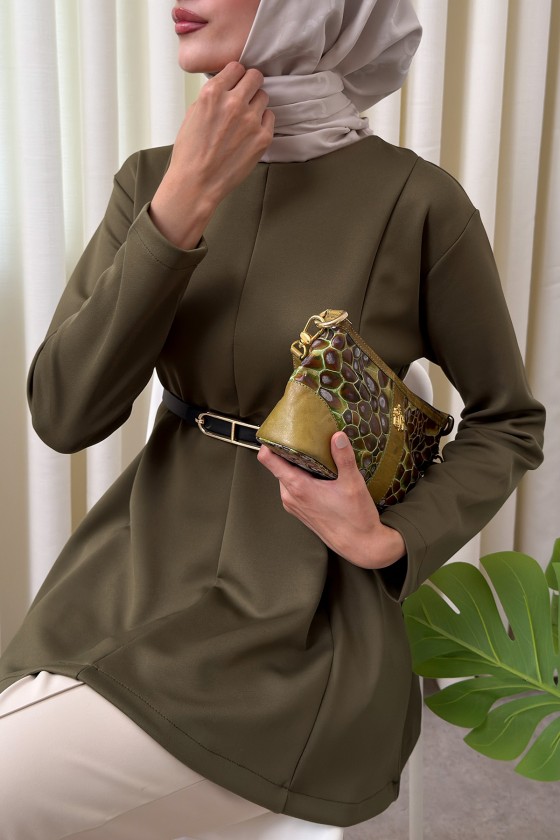 Kemerli Peplum Bluz 0040 - KOYU HAKİ