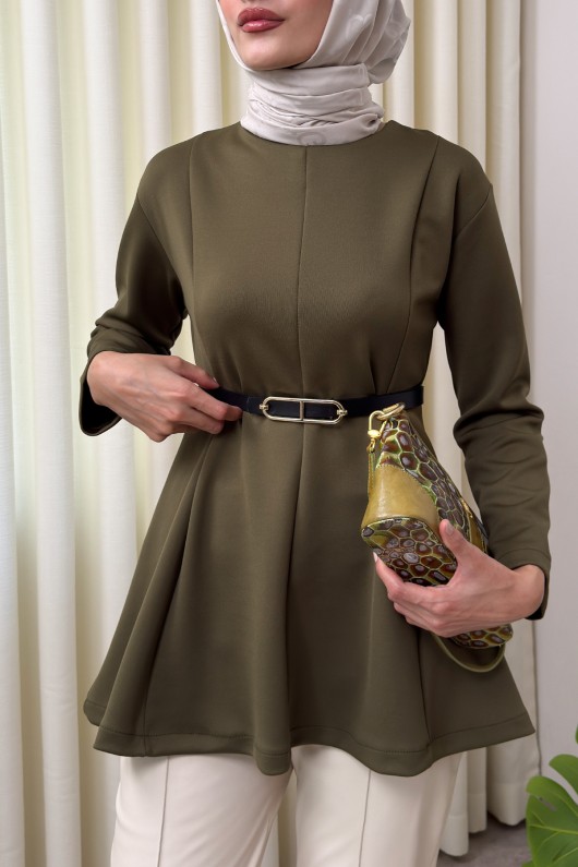 Kemerli Peplum Bluz 0040 - KOYU HAKİ