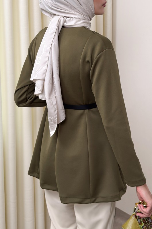 Kemerli Peplum Bluz 0040 - KOYU HAKİ