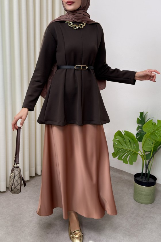 Kemerli Peplum Bluz 0040 - KOYU KAHVERENGİ