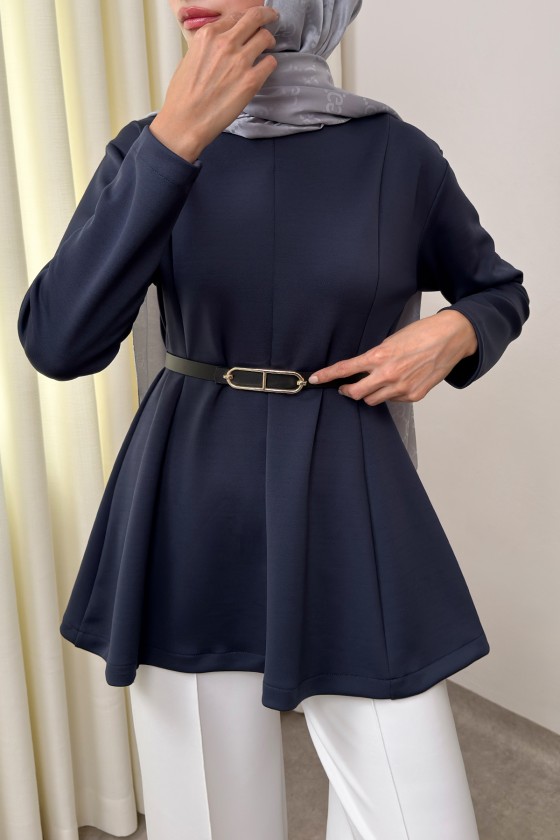 Kemerli Peplum Bluz 0040 - LACİVERT