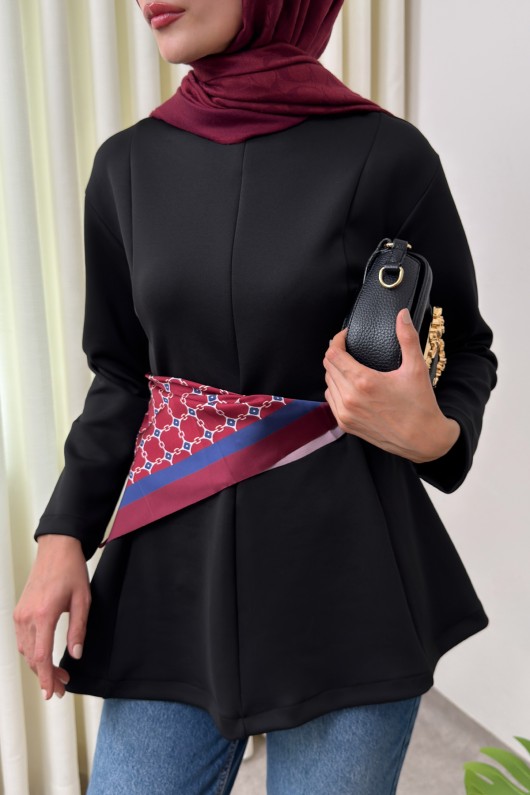 Kemerli Peplum Bluz 0040 - SİYAH