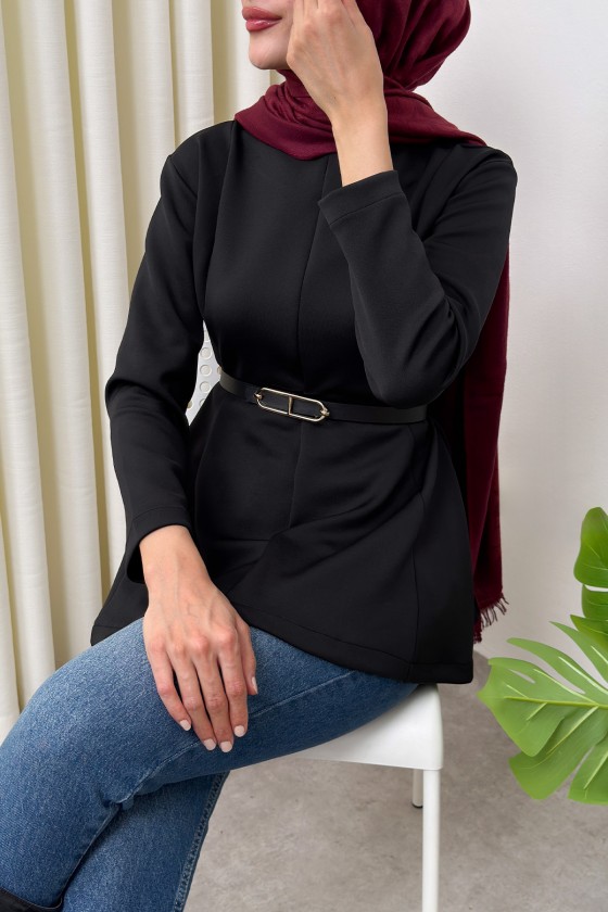 Kemerli Peplum Bluz 0040 - SİYAH