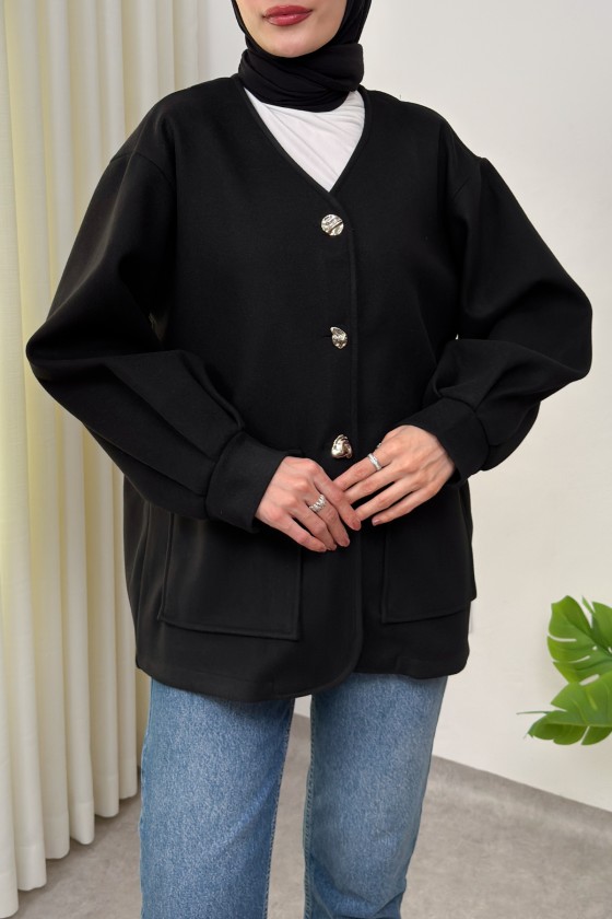 V Yaka Kaşe Ceket 0041 - SİYAH
