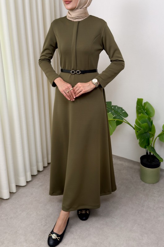 Scuba Suni Deri Kemerli Elbise 0045 - HAKİ Scuba Suni Deri Kemerli Elbise 0045 - HAKİ