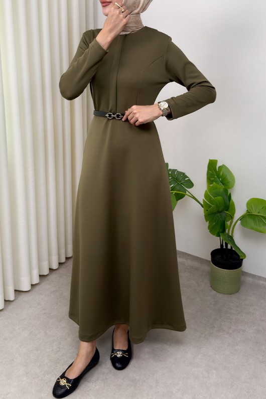 Scuba Suni Deri Kemerli Elbise 0045 - HAKİ Scuba Suni Deri Kemerli Elbise 0045 - HAKİ