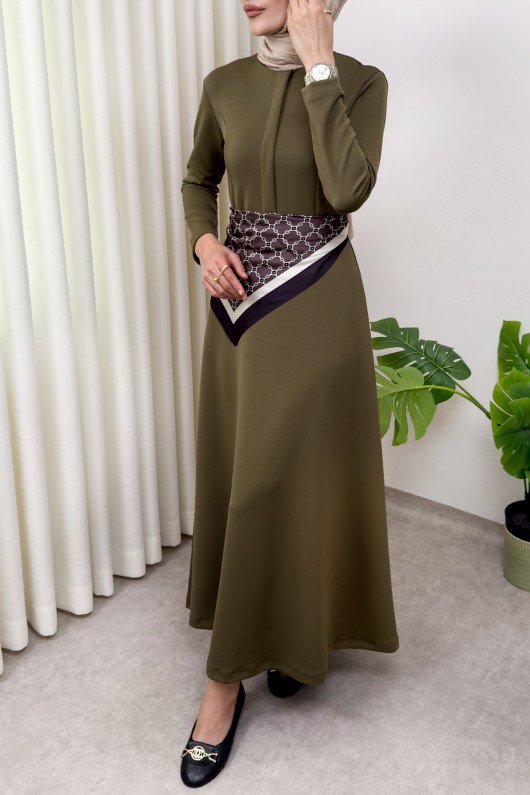 Scuba Suni Deri Kemerli Elbise 0045 - HAKİ Scuba Suni Deri Kemerli Elbise 0045 - HAKİ