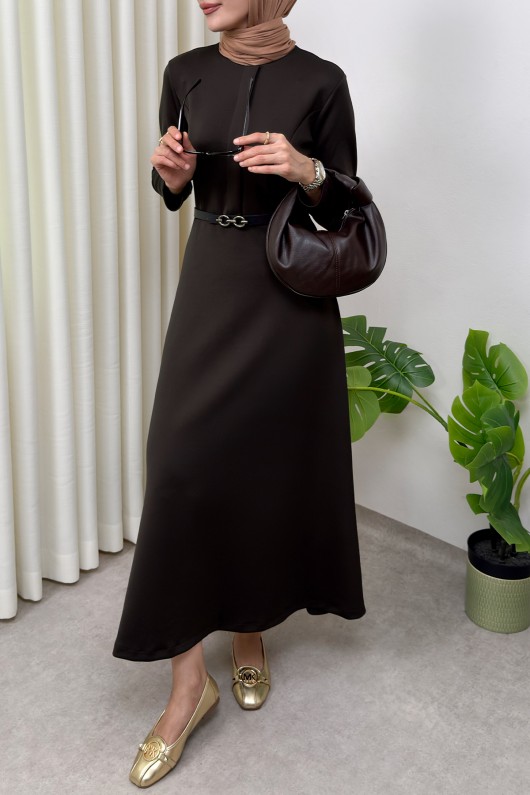 Scuba Suni Deri Kemerli Elbise 0045 - KAHVERENGİ