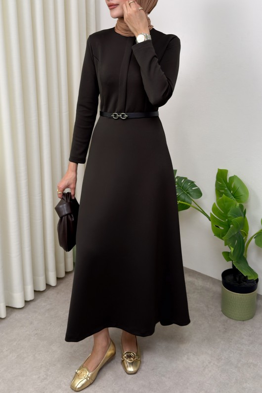 Scuba Suni Deri Kemerli Elbise 0045 - KAHVERENGİ