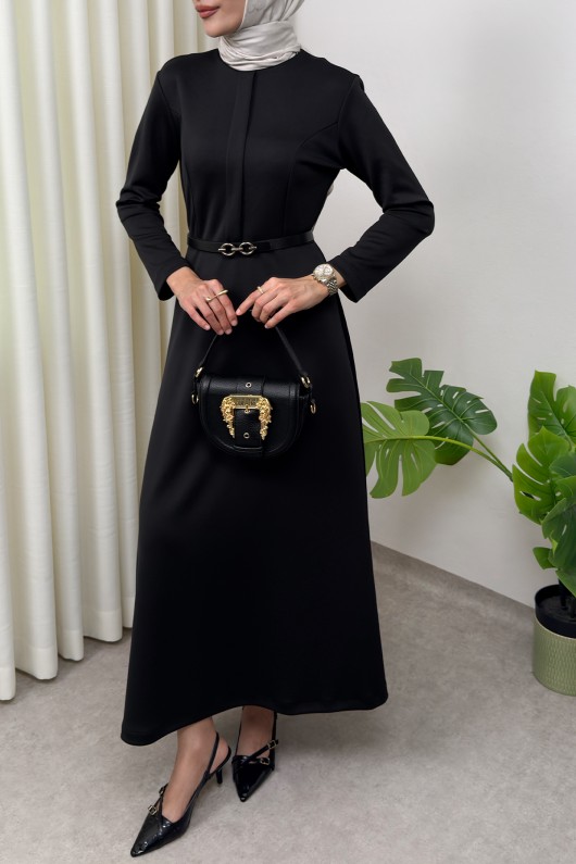 Scuba Suni Deri Kemerli Elbise 0045 - SİYAH