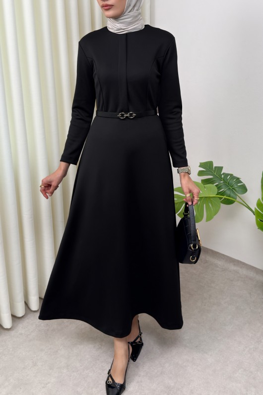 Scuba Suni Deri Kemerli Elbise 0045 - SİYAH